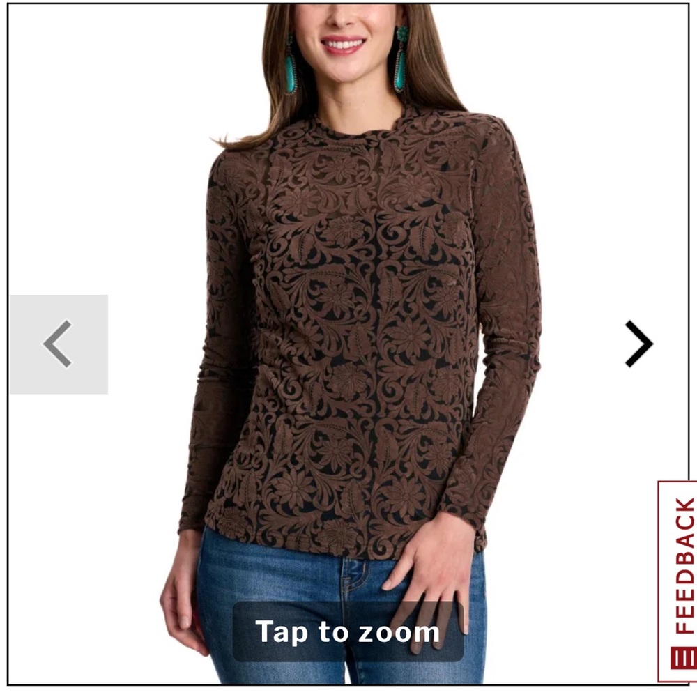 Marigold Kiss Women's Mahogany Tooled Leather Mesh Top.